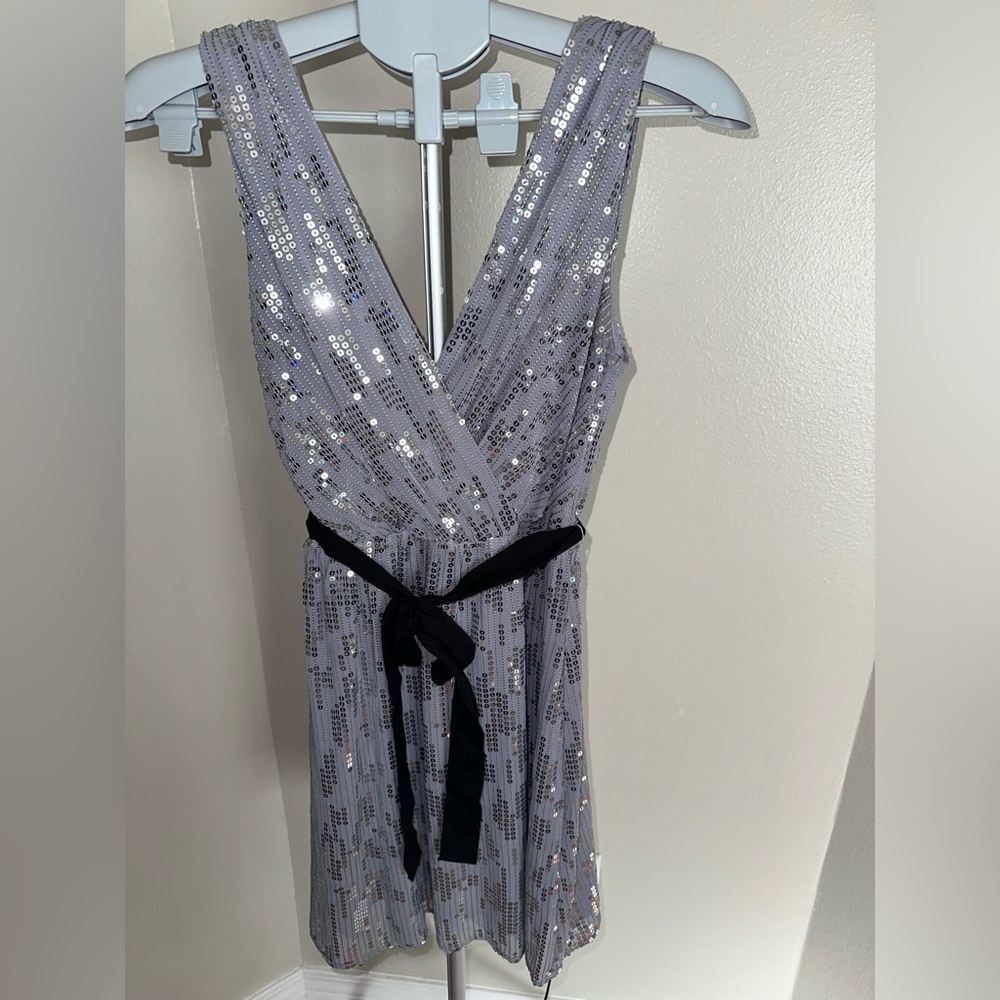 Express Silver Sequin Backless Dress with Black Sash